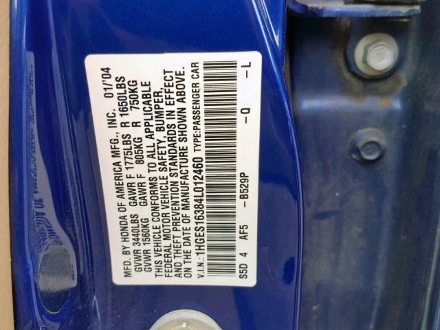 1HGES16384L012460 - 2004 HONDA CIVIC DX V BLUE photo 10