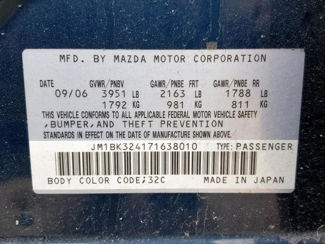 JM1BK324171638010 - 2007 MAZDA 3 S BLUE photo 10