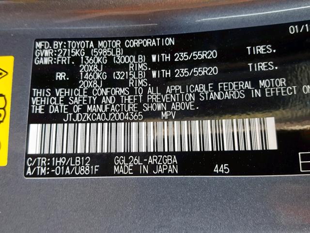 JTJDZKCA0J2004365 - 2018 LEXUS RX 350 L GRAY photo 10