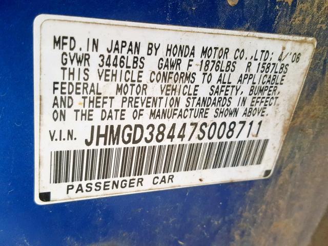 JHMGD38447S008711 - 2007 HONDA FIT BLUE photo 10