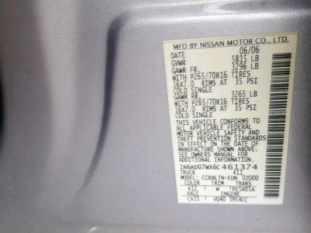 1N6AD07WX6C461374 - 2006 NISSAN FRONTIER C GRAY photo 10