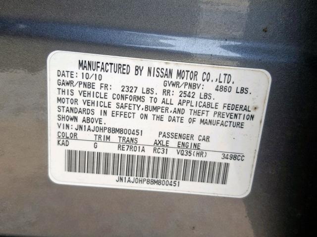 JN1AJ0HP8BM800451 - 2011 INFINITI EX35 BASE GRAY photo 10