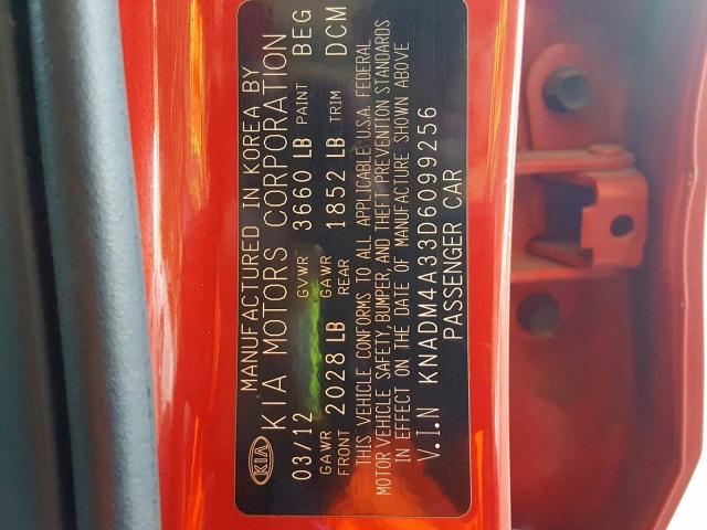 KNADM4A33D6099256 - 2013 KIA RIO LX RED photo 10