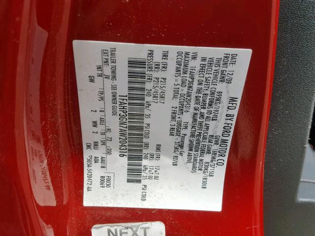 1FAHP3GN7AW204316 - 2010 FORD FOCUS SES RED photo 10