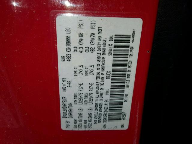 3D7KU28C14G114104 - 2004 DODGE RAM 2500 S წითელი ფოტო 10