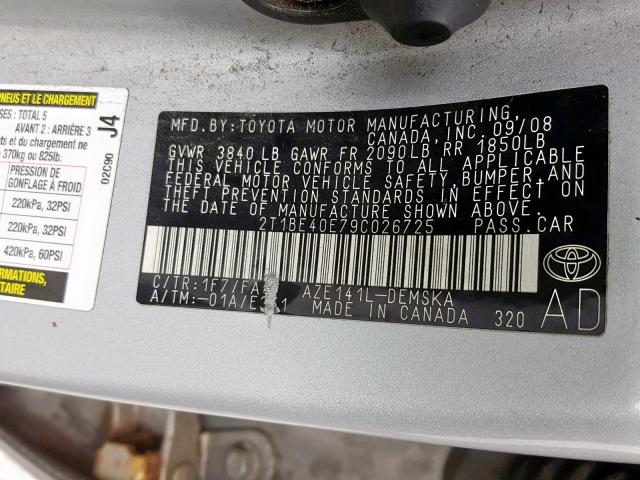 2T1BE40E79C026725 - 2009 TOYOTA COROLLA XR SILVER photo 10