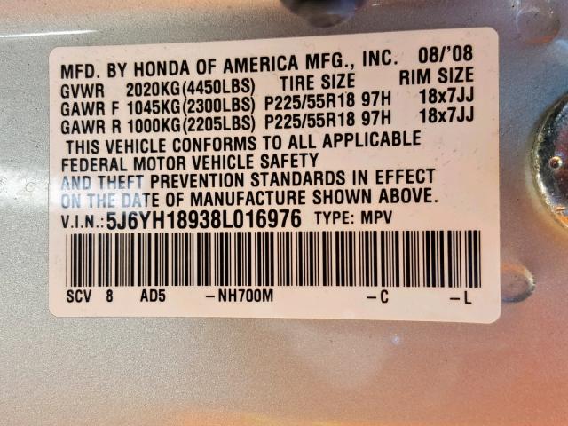 5J6YH18938L016976 - 2008 HONDA ELEMENT SC SILVER photo 10