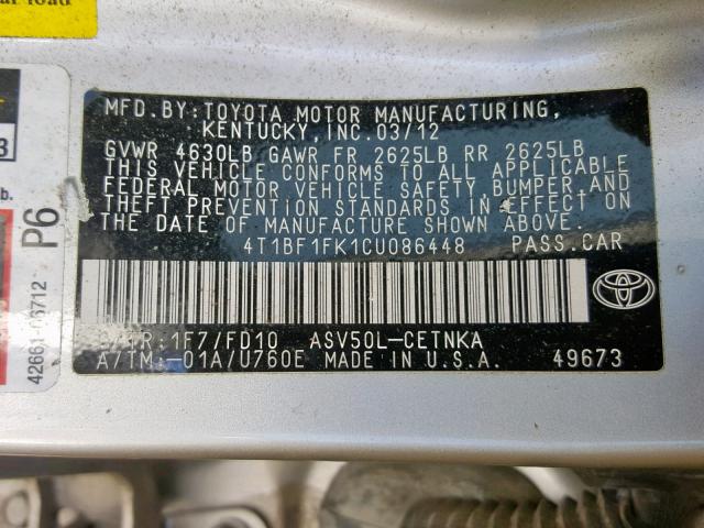 4T1BF1FK1CU086448 - 2012 TOYOTA CAMRY BASE SILVER photo 10