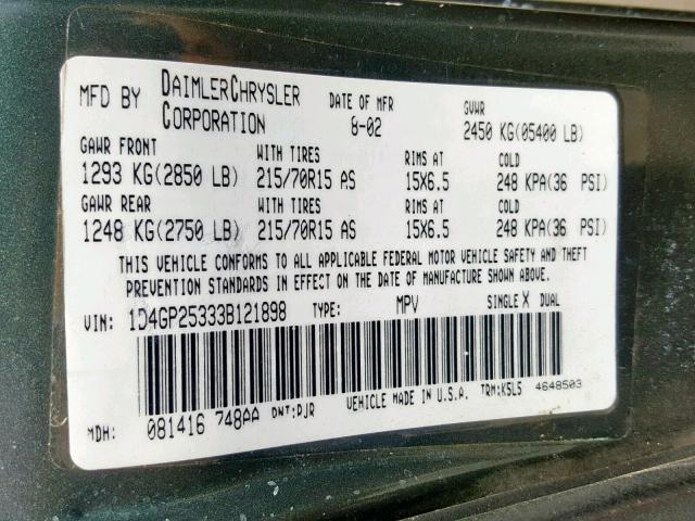 1D4GP25333B121898 - 2003 DODGE CARAVAN SE GREEN photo 10