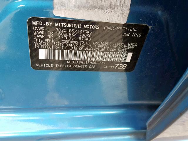 ML32A3HJ1FH052996 - 2015 MITSUBISHI MIRAGE DE BLUE photo 10