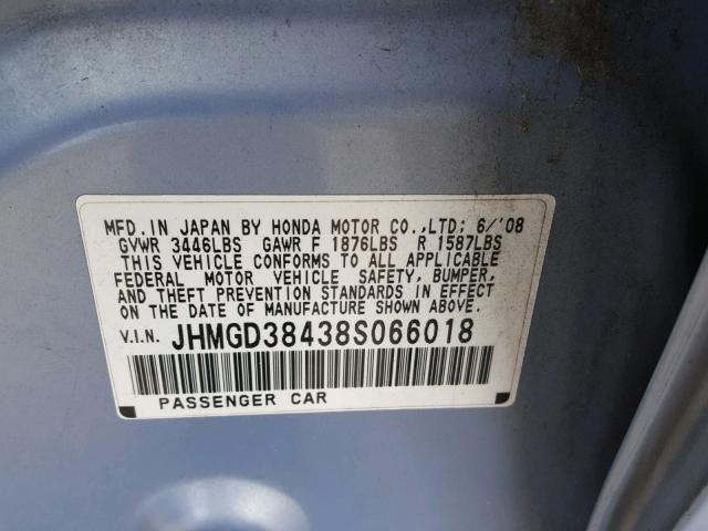 JHMGD38438S066018 - 2008 HONDA FIT BLUE photo 10