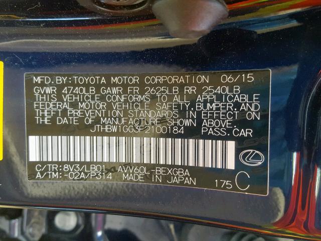 JTHBW1GG3F2100184 - 2015 LEXUS ES 300H BLUE photo 10