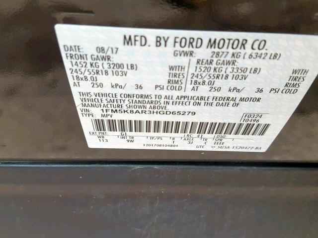 1FM5K8AR3HGD65279 - 2017 FORD EXPLORER P BLACK photo 10