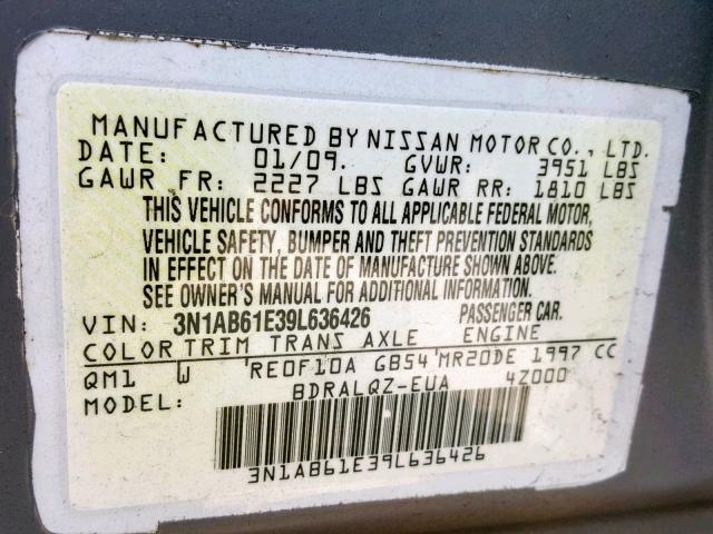 3N1AB61E39L636426 - 2009 NISSAN SENTRA 2.0 GRAY photo 10