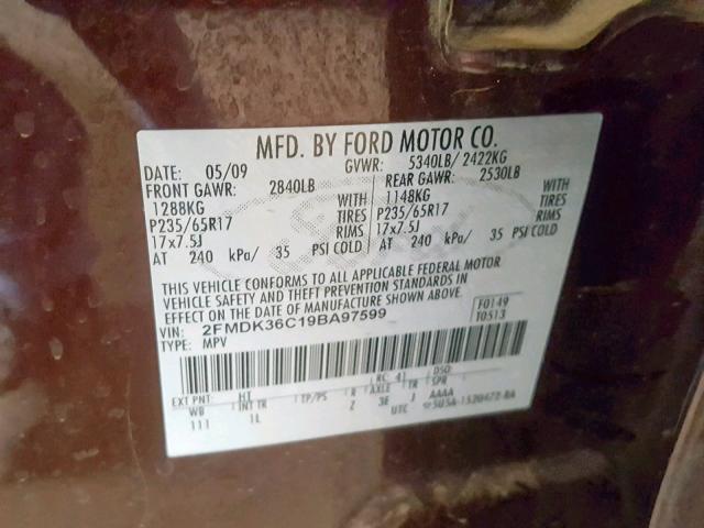 2FMDK36C19BA97599 - 2009 FORD EDGE SE MAROON photo 10