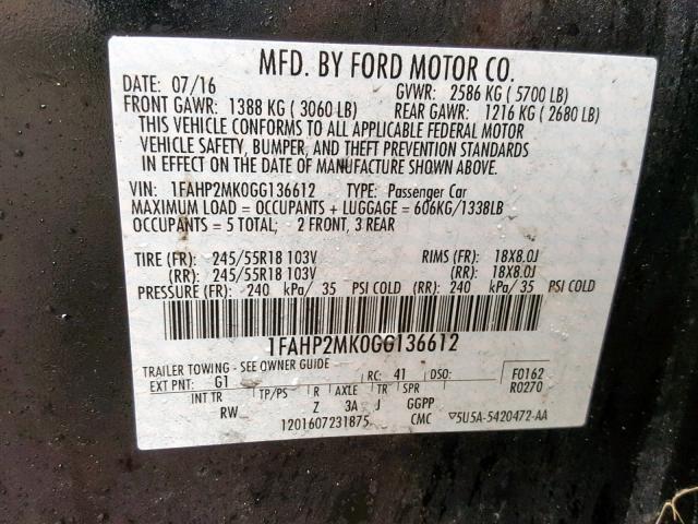 1FAHP2MK0GG136612 - 2016 FORD TAURUS POL BLACK photo 10