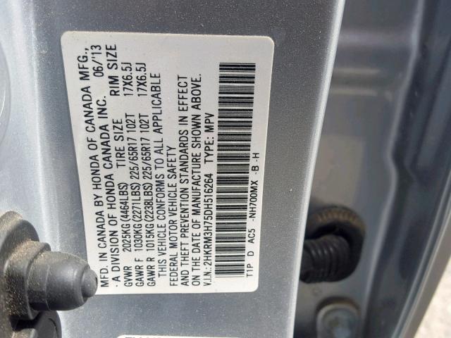 2HKRM3H75DH516264 - 2013 HONDA CR-V EXL SILVER photo 10