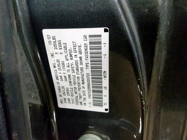 1HGCS22898A000723 - 2008 HONDA ACCORD EXL GRAY photo 10