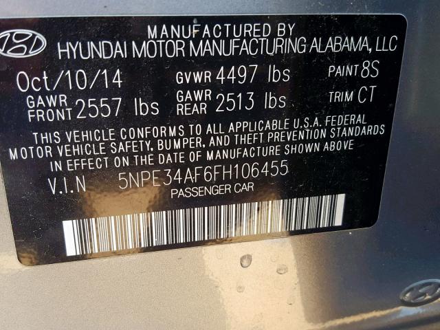 5NPE34AF6FH106455 - 2015 HYUNDAI SONATA SPO SILVER photo 10