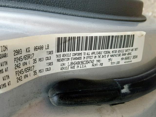 1J8HG48K96C354742 - 2006 JEEP COMMANDER SILVER photo 10