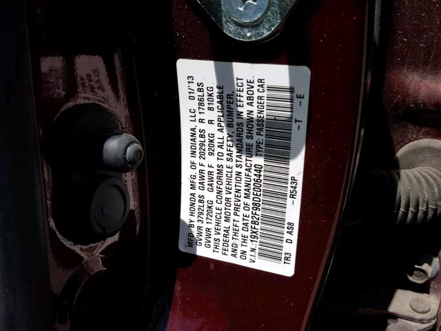 19XFB2F98DE006440 - 2013 HONDA CIVIC EXL MAROON photo 10