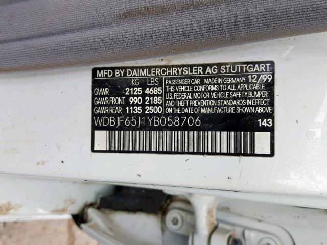 WDBJF65J1YB058706 - 2000 MERCEDES-BENZ E 320 WHITE photo 10