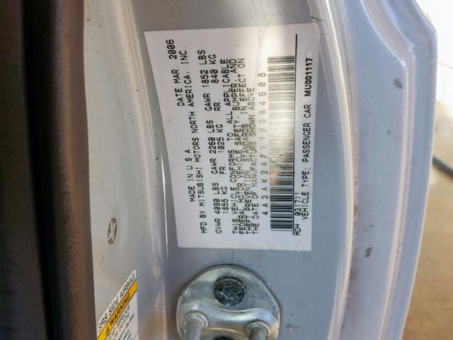 4A3AK24FX7E004608 - 2007 MITSUBISHI ECLIPSE GS SILVER photo 10