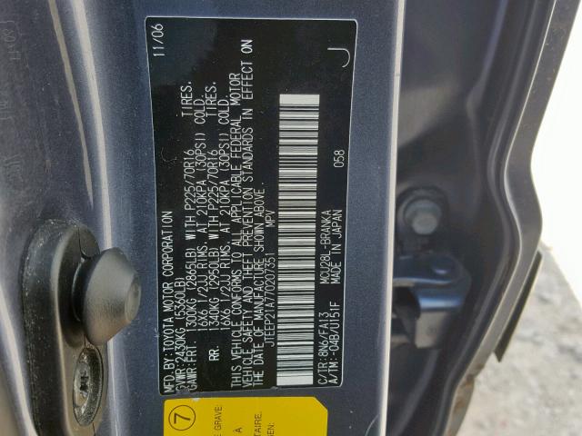 JTEEP21A770207351 - 2007 TOYOTA HIGHLANDER BLUE photo 10