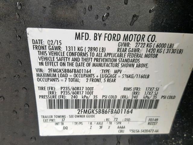 2FMGK5B86FBA01164 - 2015 FORD FLEX SE GRAY photo 10