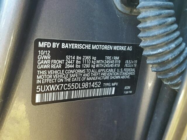 50XWX7C55DL98145 - 2013 BMW X3 XDRIVE3 GRAY photo 10