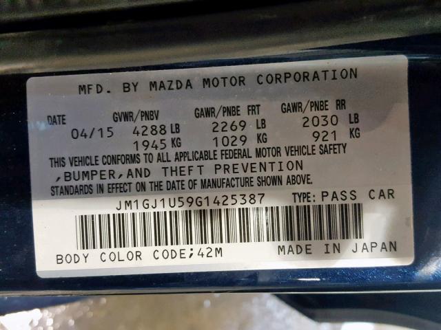 JM1GJ1U59G1425387 - 2016 MAZDA 6 SPORT BLUE photo 10