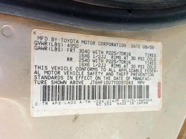 JT6HF10U7Y0097243 - 2000 LEXUS RX 300 GOLD photo 10