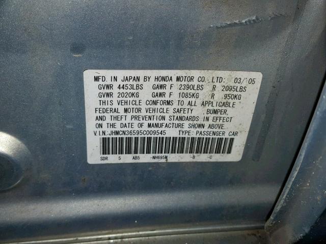 JHMCN36595C009545 - 2005 HONDA ACCORD HYB BLUE photo 10