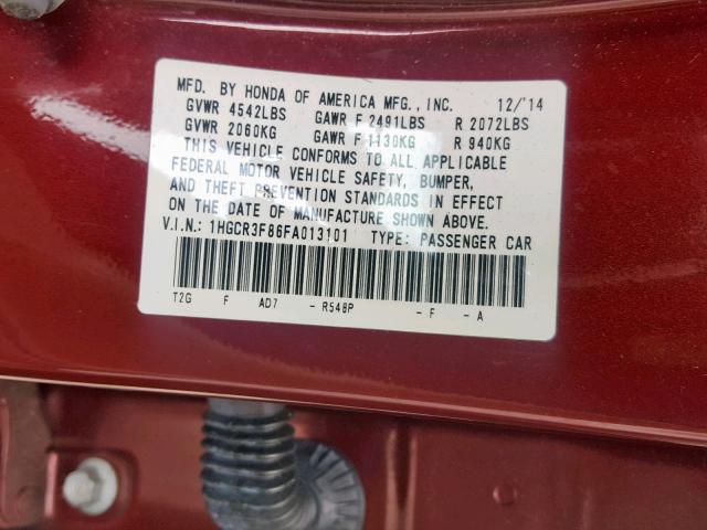 1HGCR3F86FA013101 - 2015 HONDA ACCORD EXL MAROON photo 10