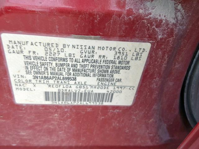 3N1AB6AP2AL699538 - 2010 NISSAN SENTRA 2.0 RED photo 10