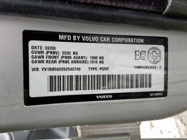 YV1RS592262540749 - 2006 VOLVO S60 2.5T SILVER photo 10