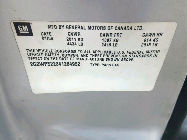 2G2WP522341284952 - 2004 PONTIAC GRAND PRIX SILVER photo 10