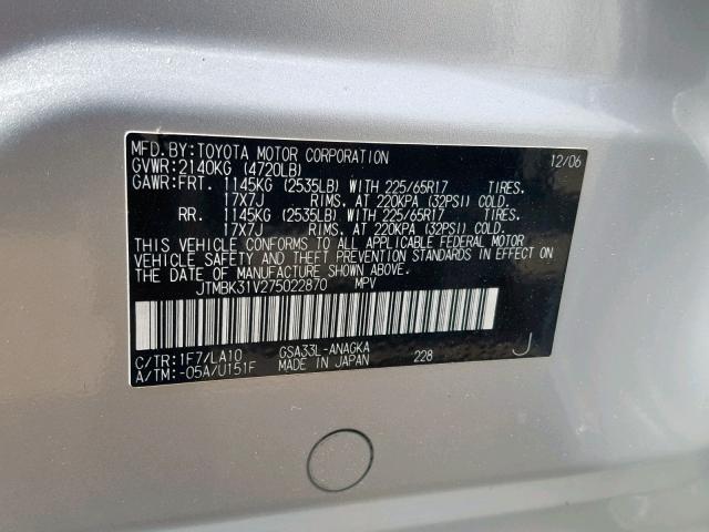 JTMBK31V275022870 - 2007 TOYOTA RAV4 LIMIT SILVER photo 10