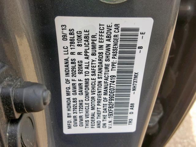 19XFB2F99DE077419 - 2013 HONDA CIVIC EXL GRAY photo 10