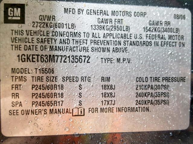 1GKET63M772135672 - 2007 GMC ENVOY DENA CHARCOAL photo 10