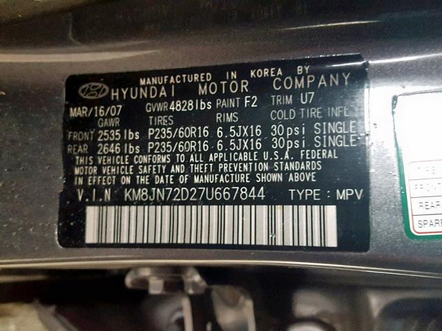 KM8JN72D27U667844 - 2007 HYUNDAI TUCSON SE GRAY photo 10