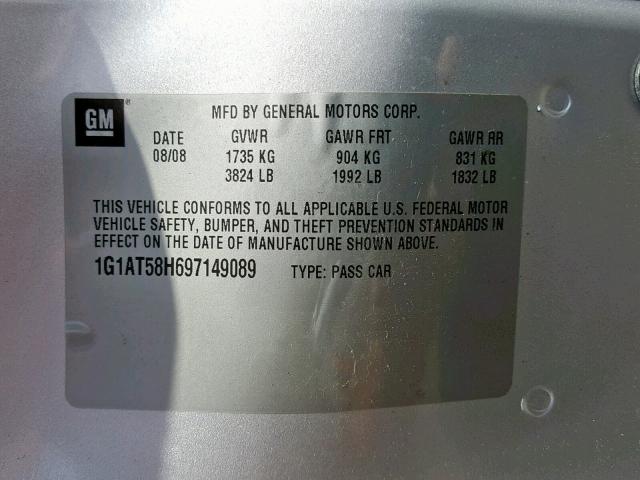 1G1AT58H697149089 - 2009 CHEVROLET COBALT LT SILVER photo 10