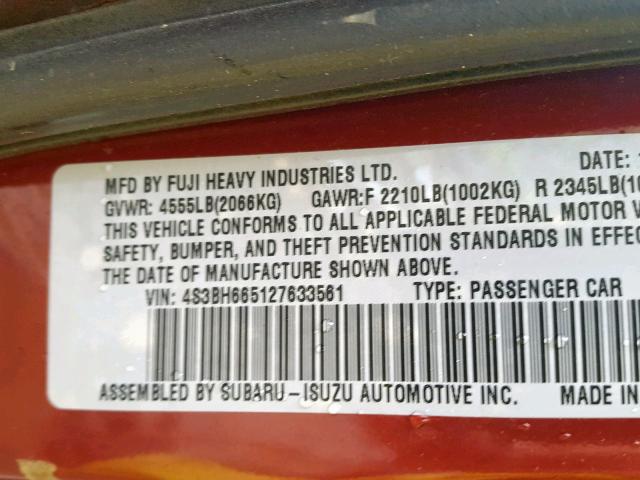 4S3BH665127633561 - 2002 SUBARU LEGACY OUT RED photo 10