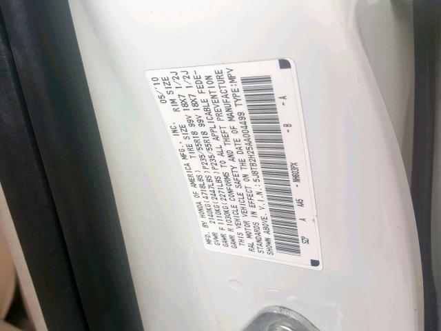 5J8TB2H25AA004499 - 2010 ACURA RDX WHITE photo 10