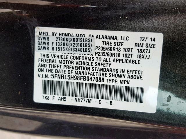 5FNRL5H98FB047088 - 2015 HONDA ODYSSEY TO GRAY photo 10