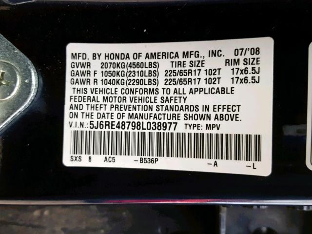 5J6RE48798L038977 - 2008 HONDA CR-V EXL BLUE photo 10