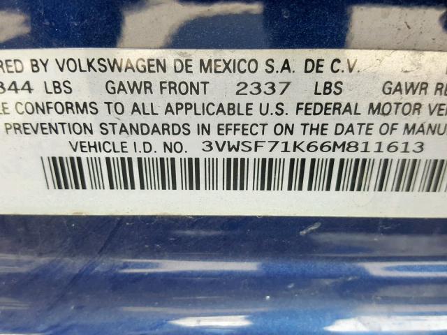 3VWSF71K66M811613 - 2006 VOLKSWAGEN JETTA 2.5 BLUE photo 10