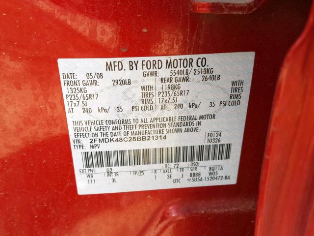 2FMDK48C28BB21314 - 2008 FORD EDGE SEL RED photo 10