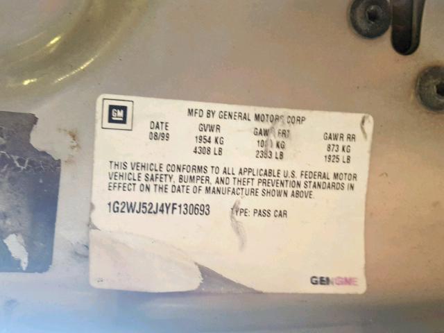 1G2WJ52J4YF130693 - 2000 PONTIAC GRAND PRIX SILVER photo 10