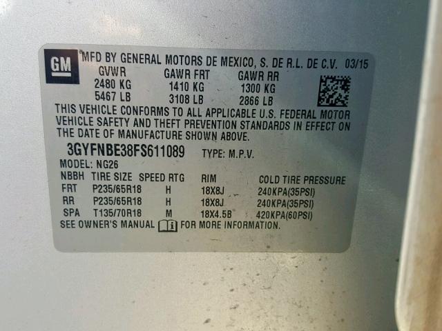 3GYFNBE38FS611089 - 2015 CADILLAC SRX LUXURY SILVER photo 10